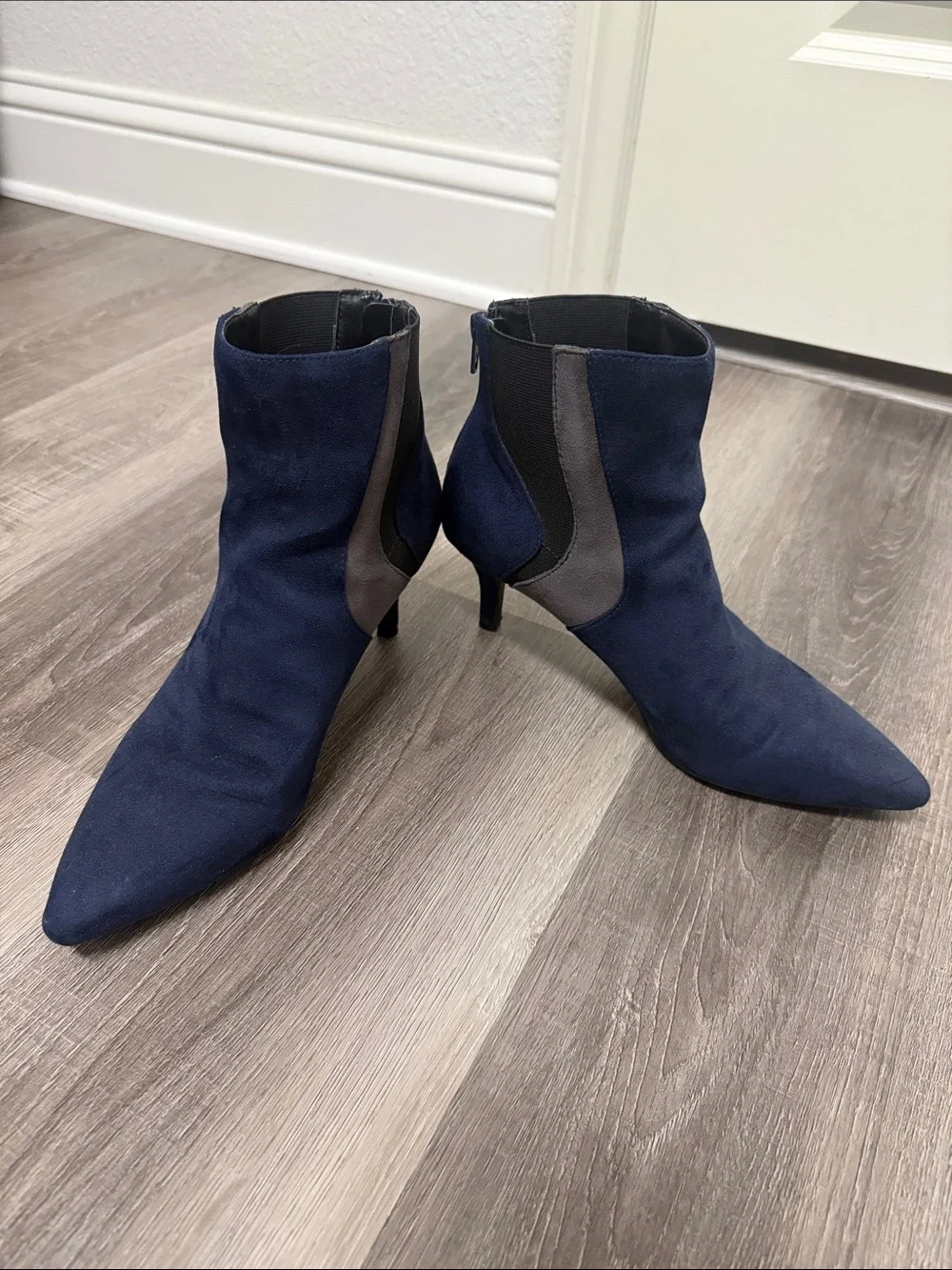 A2 By Aerosoles Navy Suede Pointed Ankle Booties with Gray Panels